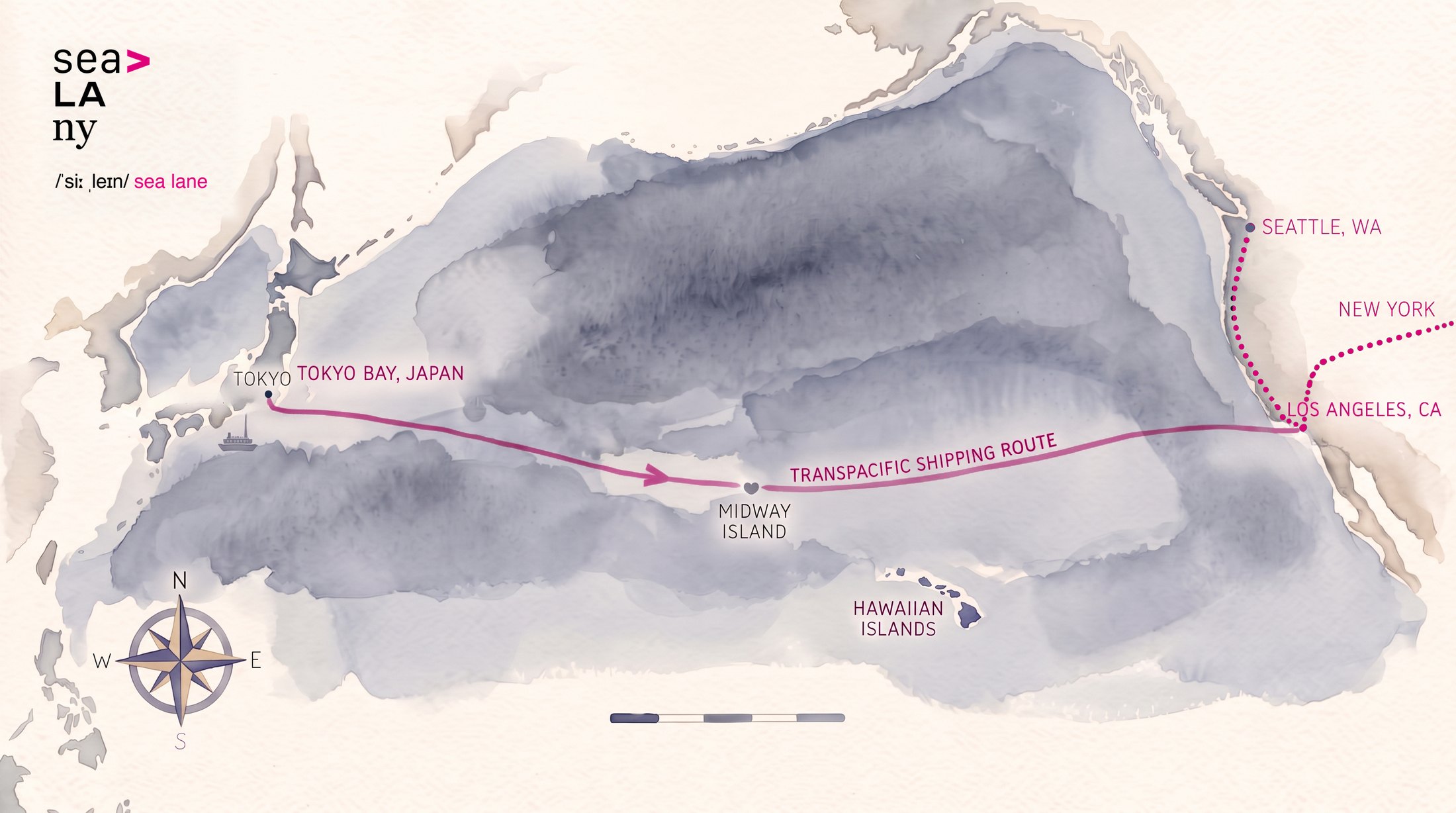 Nautical chart of the transpacific sea lane, Tokyo to Los Angeles to New York